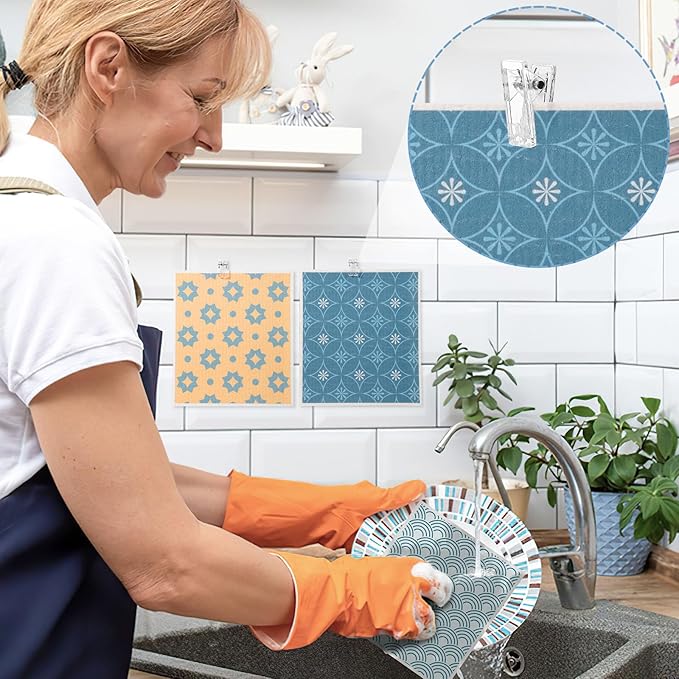 Needbrock 6 Pack Swedish Dishcloths for Kitchen, Geometric Pattern Swedish Rags Dish Towels with Clips, Reusable Paper Towels Washable Absorbent for Home Housewarming Cleaning Gifts for Mom