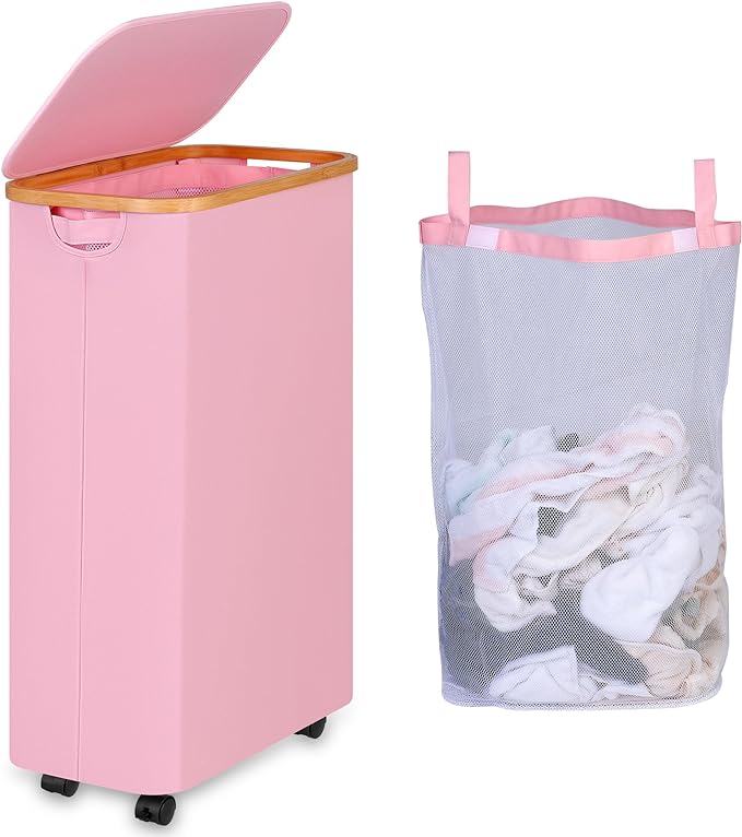74L Laundry Hamper with Wheels,Clothes Hamper for Laundry Pink | Laundry Basket with Lid and Inner Bag, for Laundry Room, Bedroom, Dormitory Storage,Pink