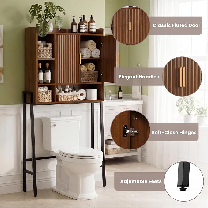 31" W Over The Toilet Storage Cabinet with Fluted Door,Bathroom Organizers and Storage with Adjustable Shelves, Mordern Over Toilet Organizer for Bathroom,Restroom,Laundry,Walnut
