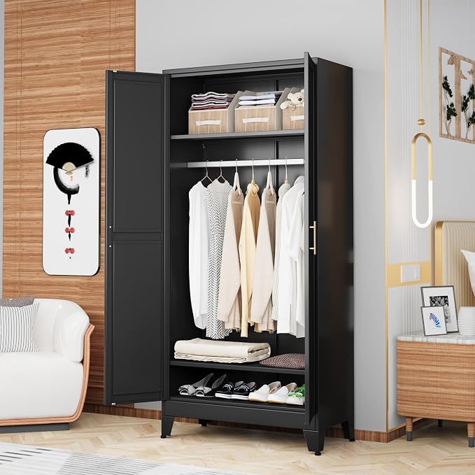 GAIOUS Metal Wardrobe Cabinet with Hanging Rod, Clothing Storage Cabinets | with 2 Doors and Adjustable Shelves, 71" Metal Black Armoire Wardrobe Closet for Bedroom, Laundry Room, Cloak Room