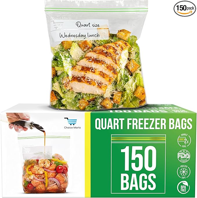 Quart Size Freezer Bags – 150 Count, Resealable, Extra Strong 2 Mil Leak Proof Double Zipper Clear Stand Up Food Bags