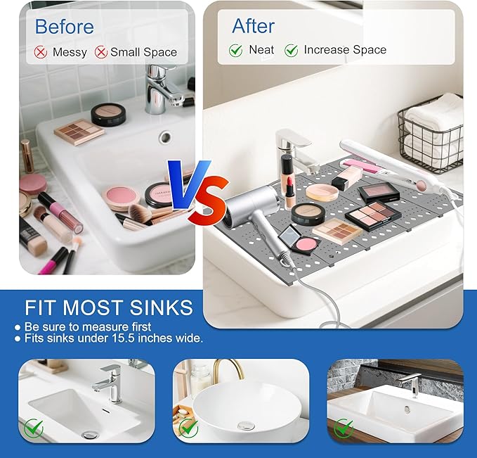 Mofason Bathroom Sink Top Cover Space Saver,Silicone Makeup Organizer Mat for Over Countertop,Small Bathroom Must Haves Accessories Rv Camper Travel Foldable Gadgets-Grey