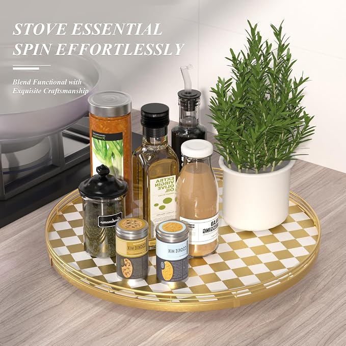 Premium Rubber Wood Lazy Susan Turntable, Glod White Checkerboard Decorative Serving Tray, Hand-Welded Metal Railing, Stable Rotating Organizer for Dining Table, Kitchen Counter, Coffee Table Decor
