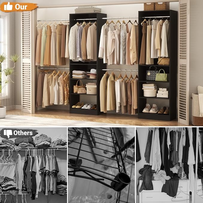 Homieasy Closet System, 4.5-11.5 Ft Expandable Closet Organizer with 5 Hanging Rods, Walk-in Wood Closet Organizer System with Storage Tower, Heavy Duty Garment Rack Wardrobe for Bedroom, Black
