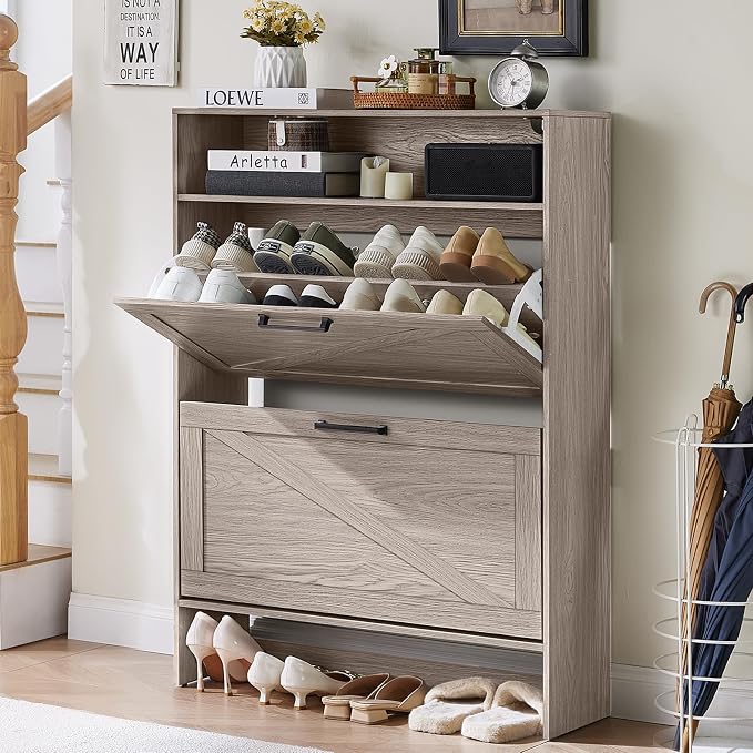 RWYHG Shoe Cabinet Storage for Entryway with 2 Flip Drawers Open Storage Layer Rack Narrow Organizer Slim Hidden Wood Shoe Cabinet Furniture Grey