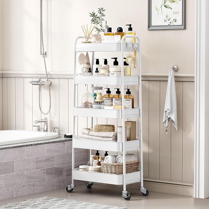 TOOLF 5-Tier Metal Rolling Cart with Wheels, Storage Utility Organizer Cart for Kitchen, Bathroom, Office, Baby Essentials & Makeup - Lockable Casters, Easy Assembly, Large Capacity, White