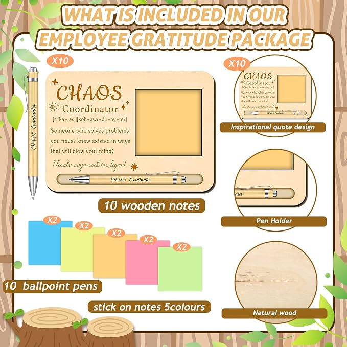 Kosiz 10 Set Chaos Coordinator Appreciation Gifts Bulk Wooden Sticky Note Holder with Notes and Ballpoint Pens Chaos Coordinator Thank You Gifts for Teacher Back to School Party Supplies