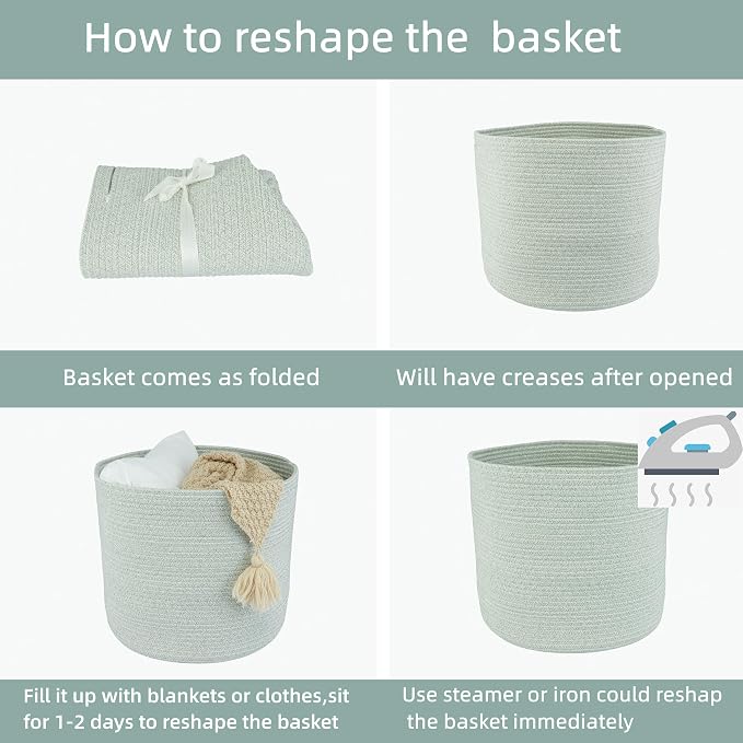XUANGUO Cotton Rope Woven Basket, 16x14 in Kids Laundry Basket, light green | Round blanket basket and small laundry basket; baby hamper or nursery storage bin for girls, boys, toys, clothes and shoes