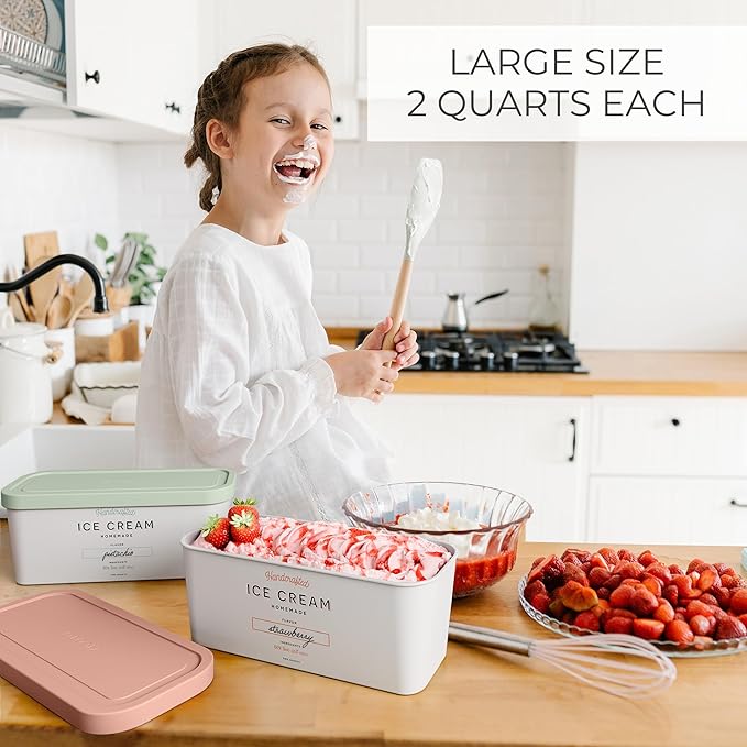 Reusable Ice Cream Containers Set of 2 - Sturdy 2 Quart Tubs with Lids | Perfect for homemade sorbet, frozen yogurt or gelato - stackable storage tubs with stickers store easily in your freezer