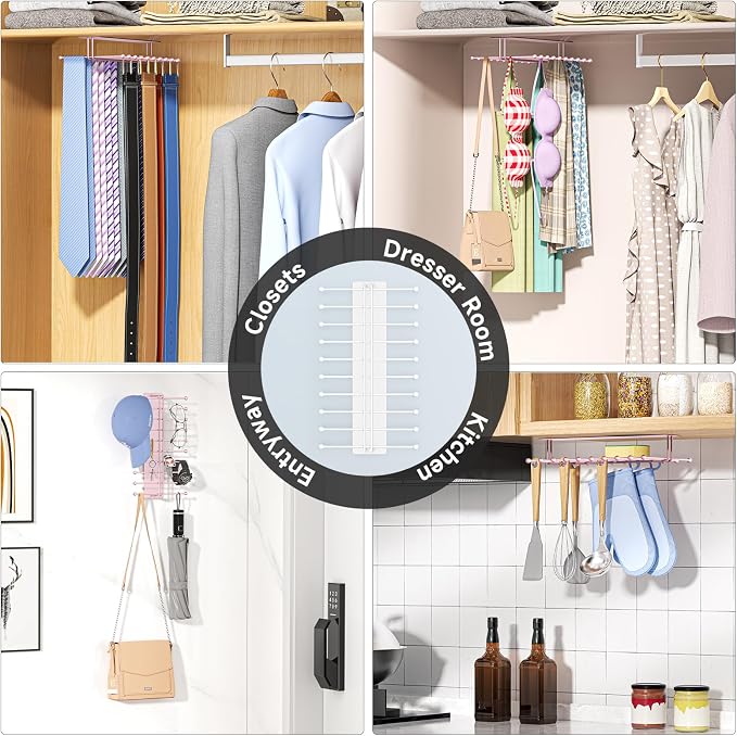 Tie Rack Wall Mounted, Tie Organizer for Men, Tie Rack Hanger for Closet Metal, Adhesive Tie Holder Organizer with 20 Hooks, Tie Storage for Wall Bedroom Living Room Dresser Room (Rose Gold)