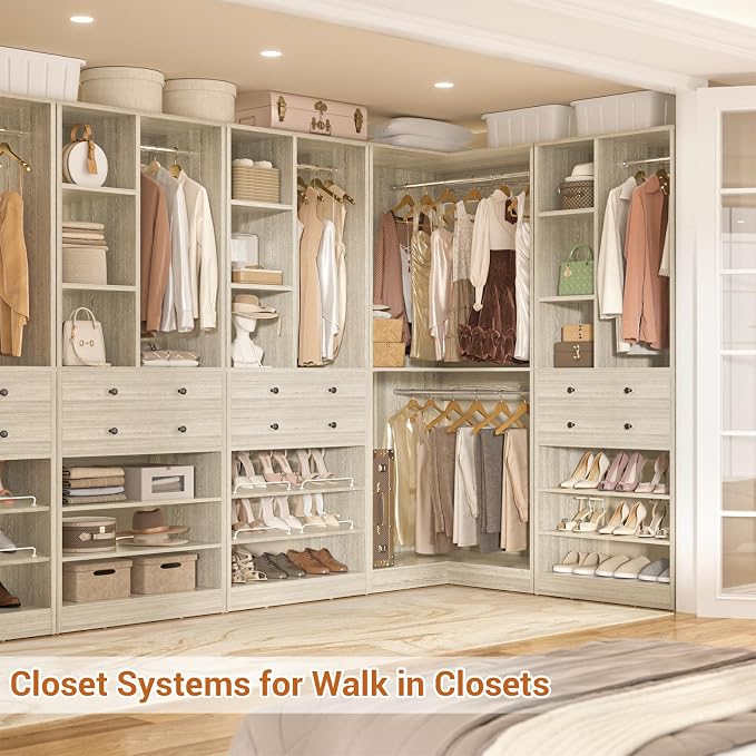 Besiost Closet System with 2 Drawers, 3 Hanging Rods, 59.5" * 31.5" Closet Organizer System with Corner Tower, Reversible L Shaped Walk-in Closet System, Corner Closet System Set of 2, Greige Oak