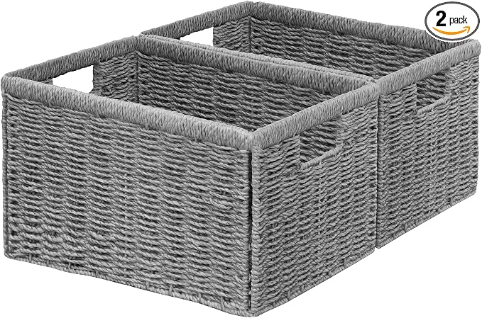 Vagusicc 2 Packs Large Wicker Storage Basket, Closet Storage Baskets Bins for Shelves, Decorative Collapsible Baskets for Organizing Clothes Toy Nursery Bathroom Organizers and Storage, Grey