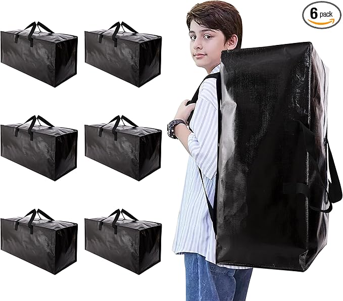 NATURELUX Heavy Duty Moving Bags with Backpack Straps and Strong Handles, Alternative to Moving Boxes and Storage Totes for Dorm Room Essentials, 6 Pack, Black