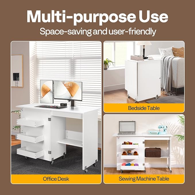 VIVOHOME Folding Sewing Table for Sewing Machine, Sewing Desk with Storage | Rolling Sewing Craft Table with Storage Shelves, Trays, Wheels, Sewing Cabinet with Lift for Small Spaces, White
