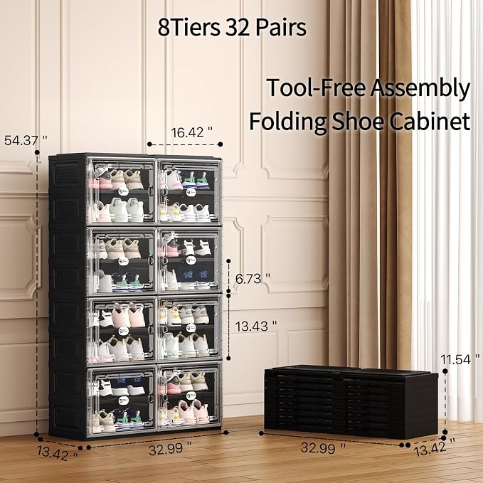 Foldable Shoe Cabinet with Magnetic Clear Doors, Wide Design Shoe Rack for Entryway, Portable Shoe Organizer Meeting Diverse Storage Needs (Black, 2Row 8Tier)