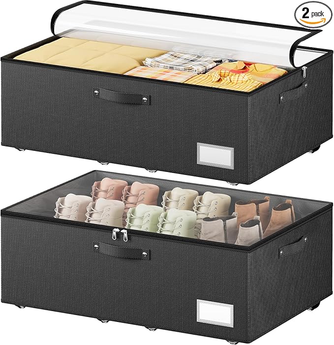 Dayacoco Under Bed Storage With Wheels,10in Underbed Storage Containers 65L | Large Capacity Underbed Storage, No Assembly Required Rolling Under Bed Storage for Clothes Blankets Shoes Black