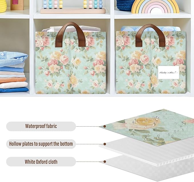 French Country Style Roses and FlowersStorage Bins for Shelves with Labels&Handles Fabric Organizer Bin Foldable Rectangle Storage Basket Boxes for Closet, Bathroom, Home, Living Room, 2 Pack