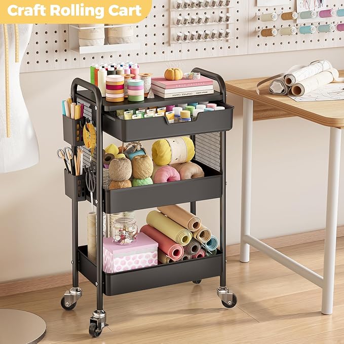 3 Tier Metal Rolling Utility Cart with Drawer & Pegboard - Multifunctional Storage Cart on Wheels with Tabletop, Hooks & Basket, Sturdy Craft & Art Cart for Bathroom, Bedroom, Children Room, Black