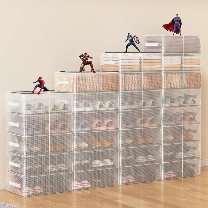 3 Pack Clear Shoe Closet Organizer for Boots Sneaker, 15.8" x 11.8" x 6" | Steel Frame, Waterproof PVC Cloth, Stackable Storage Boxes Bins for Under-Bed, Bedroom Dormitory