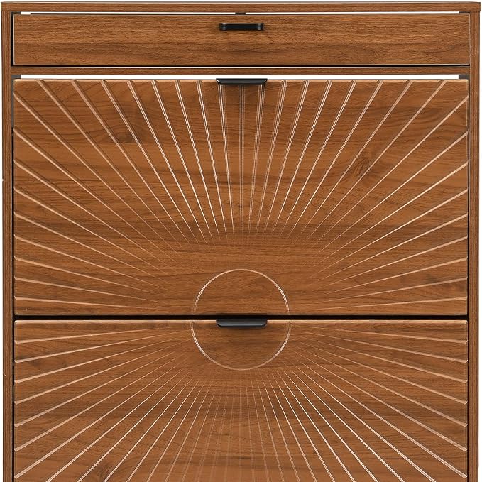 XIAO WEI Shoe Cabinet, Shoe Storage Organizer Cabinet with 2 Flip Half Moon Line Doors, Freestanding Shoe Rack with Adjustable Shelf for Entryway（Walnut）