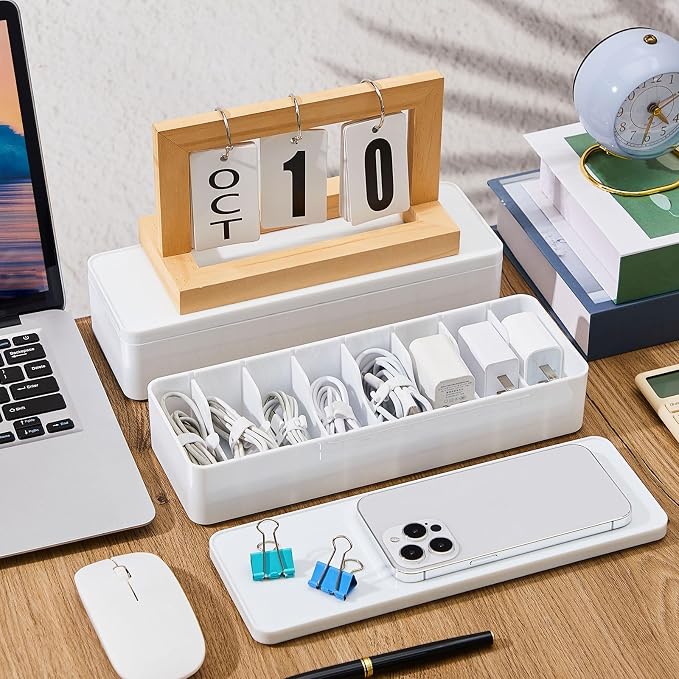 Tatuo 4 Pcs Cord Organizer for Drawer Desktop, Cable Organizer Box with 8 Compartments and Wire Ties, Plastic Charger Storage with Lid, Electronics Case for Home Office Accessories (Small,White)