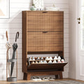 Shoe Cabinet Storage for Entryway with 3 Flip Drawers, Fluted Narrow Shoe Organizer with Wooden Legs, Freestanding Slim Shoe Storage Hidden Shoe Rack Organizer for Front Door Entrance, Hallway, Walnut