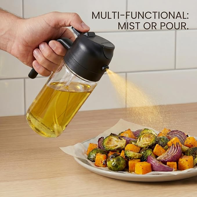 Hampton Distribution Olive Oil Sprayer for Cooking – 2-in-1 Oil Dispenser Bottle – Black Kitchen Oil Cruet with Non-Drip Spout, 15 Ounce