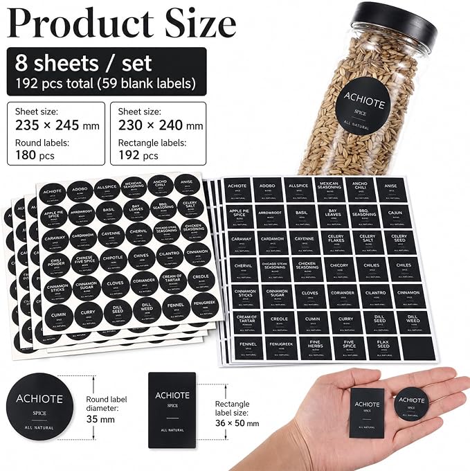 372 Pcs Spice Labels Spice Jar Labels Preprinted Label - Black Waterproof Stickers for Kitchen Dinning Spices Jars Seasoning Label for Pantry Organization (Jars NOT Included)