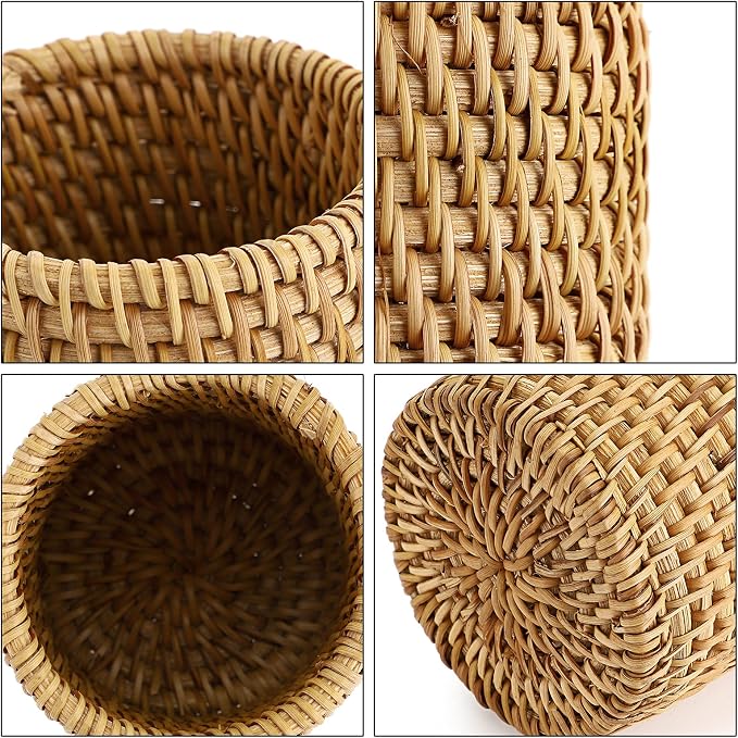 BTSKY Rattan Pen Cup, Handmade Desk Pencil Holders Makeup Brush Holder Multi-Functional Woven Basket Office&Home Desktop Organizer(Cylinder)
