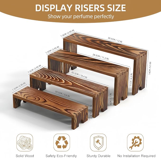 2 Set wood tone Wooden Tiered Display Stands 4 Tier Stackable Pine Wood Display Risers, Suitable for Vendor Events, Cupcake Stands, cake stand Wooden Dessert Table Sets, Vendor Booth Displays,Cosmetic & pantry organizers and storage can organizer, Kitc...
