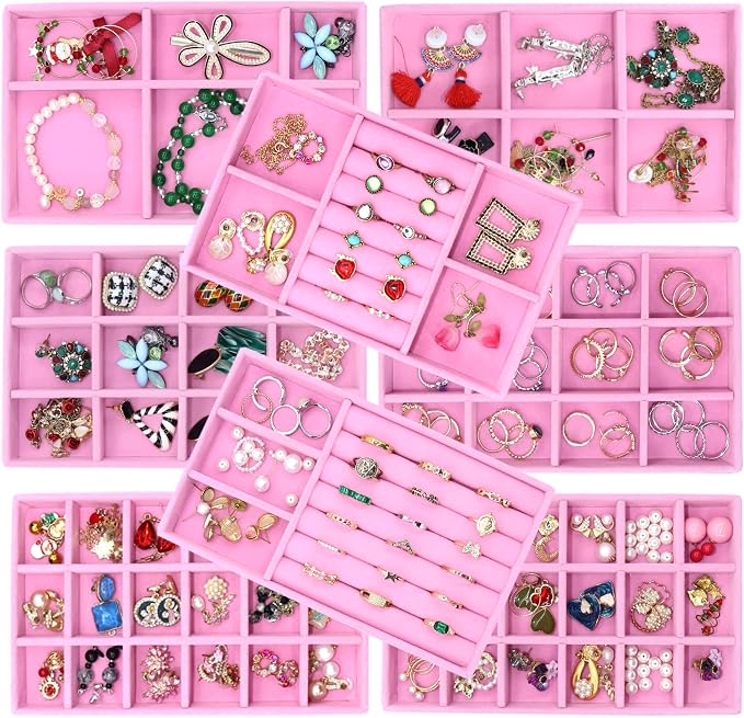 8 Pack Jewelry Organizer Tray Stackable Velvet Jewellry Drawer Inserts Earring Organizer Necklace Rings Bracelet Watch Jewelryy Display Case