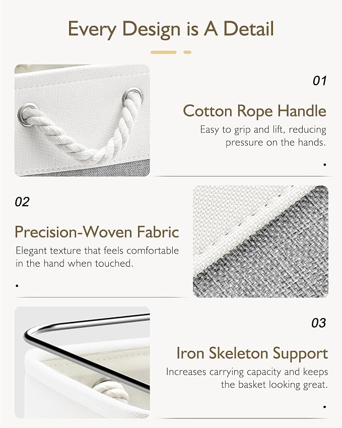 Patvingot 11 Inch Cube Storage Bins, 4 Pack Fabric Storage Cubes with Rope Handles, Organizer Baskets for Closet Shelves, Clothes and Home Organization(White/Gray)