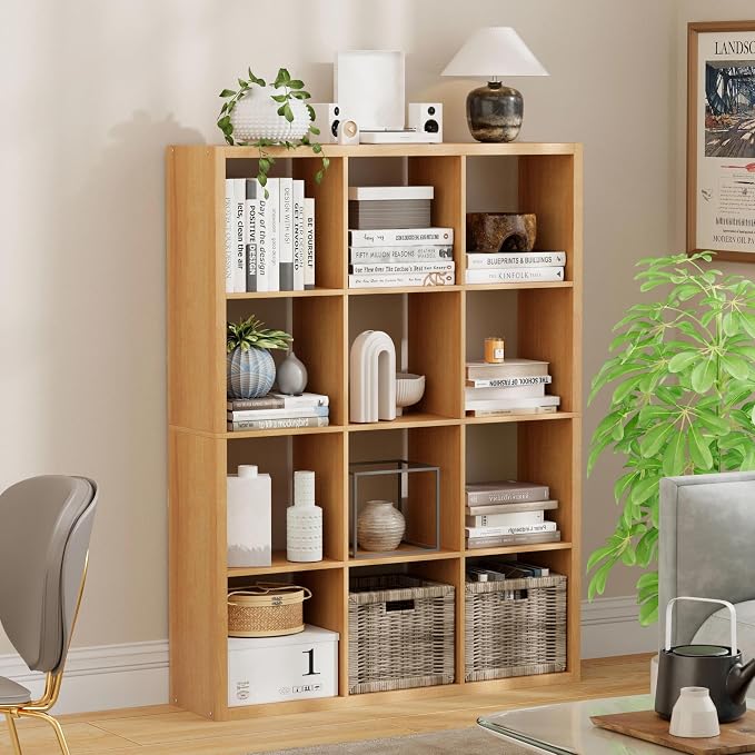 12 Cube Storage Organizer, Wooden Cube Shelf Bookcase with Reinforced Thick Shelves, Heavy-Duty 36.93" L x 9.37" W x 48.82" H, for Living Room Bedroom Home Office, Natural-Oak