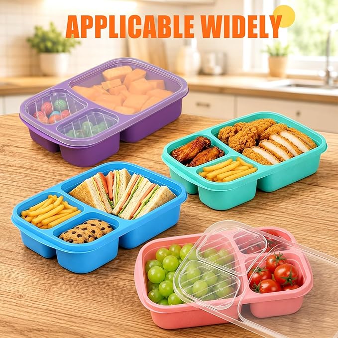 buluker 8 Pack Bento Lunch Box Set 3 Compartment Food Storage Containers Wheat Straw Meal Prep Lunch Box Plastic Food Storage Containers, Microwave and Dishwasher Safe (Vivid Colors)