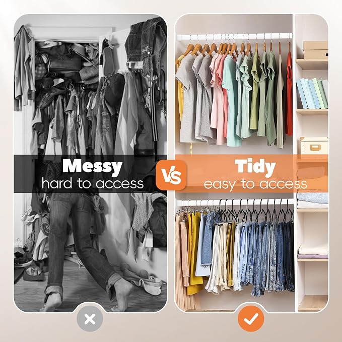 Metal Closet Rod 1.3" Heavy Duty Adjustable Hanging Rod 17-63 Inch | White, Stainless Steel, 1.3 Inch Diameter, Wall Brackets Included, For Hanging Clothes, Walk-In Closets, Laundry Rooms