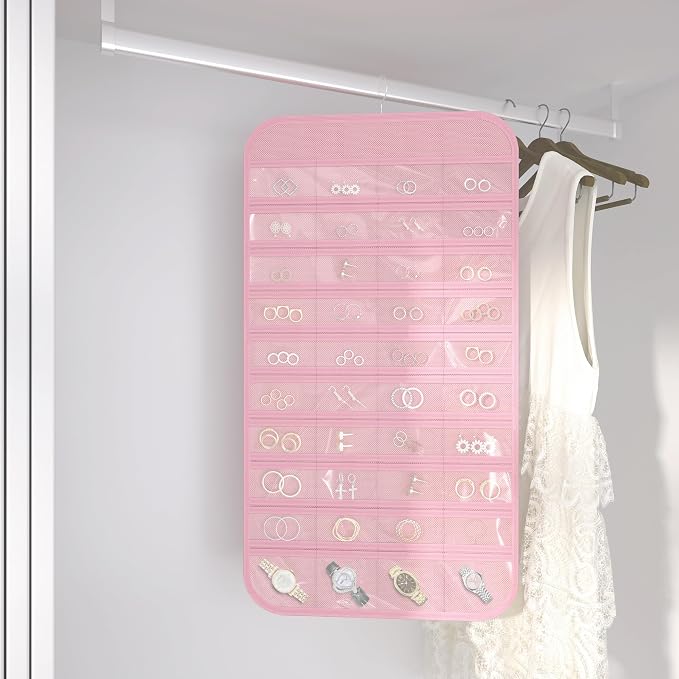Double-Sided Hanging Jewelry Organizer for Necklaces Earrings, 1-Pack, Pink | Foldable 36 hooks & 40 clear pockets; swivel hook fits walls, doors & rods for earrings, bracelets, rings & small jewelry