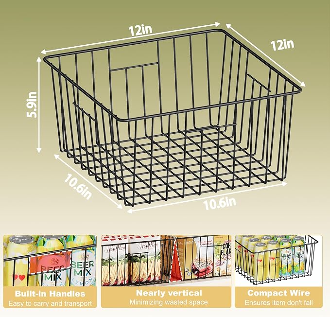 X-cosrack Metal Wire Baskets for Pantry Organization and Storage Freezer Organizer Bins with Handles 4 Pack-12"x12"x6" Extra Large Mesh Bin for Pantry Kitchen Laundry Closet Garage Patent Design