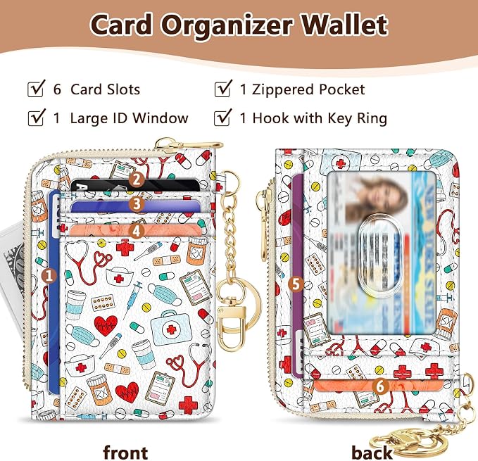 GIANCOMICS Slim Wallet Credit Card Holder Women, Nurse Rfid Blocking Small Card Case, Keychain Thin Pocket Curved Zipper Wallet, Travel Card Holder PU Leather ID Window, Ladies Female Gifts