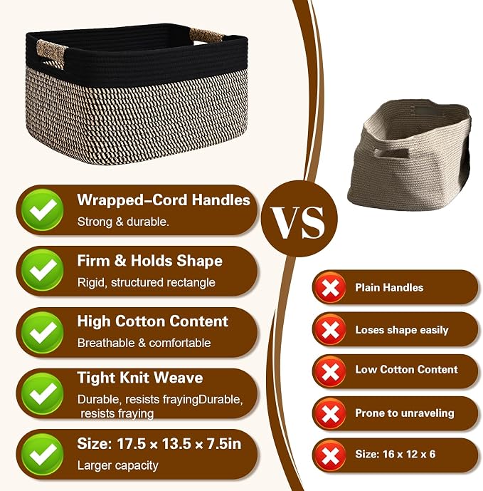 3 Pack Large Storage Basket for Organizing, 17.5"x13"x7" Woven Basket for Shelves, Closet Cube Storage Bins with Wrapped Handle, Cotton Rope Baskets for Kitchen, Clothes, Toys(Black & Brown)