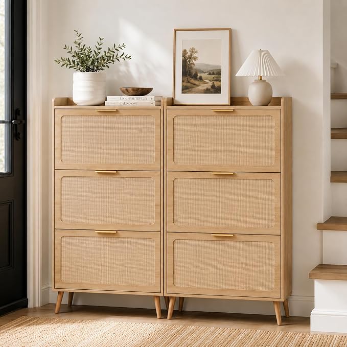 Shoe Storage Cabinet for Entryway, Slim Freestanding Rattan Shoe Cabinet with 3 Flip Drawers, Hidden Shoe Organizer Cabinet, Narrow Shoe Rack, Farmhouse Design