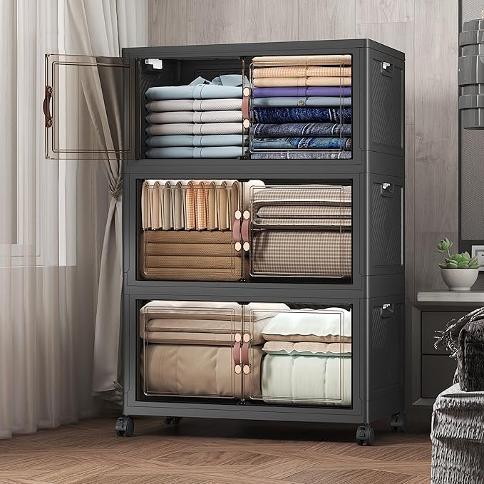 UAMFURI Extra Large Stackable Storage Bins with Lids & Wheels, Foldable Collapsible Closet Organizers Dark Storage Cabinet with Doors for Bedroom Dorm