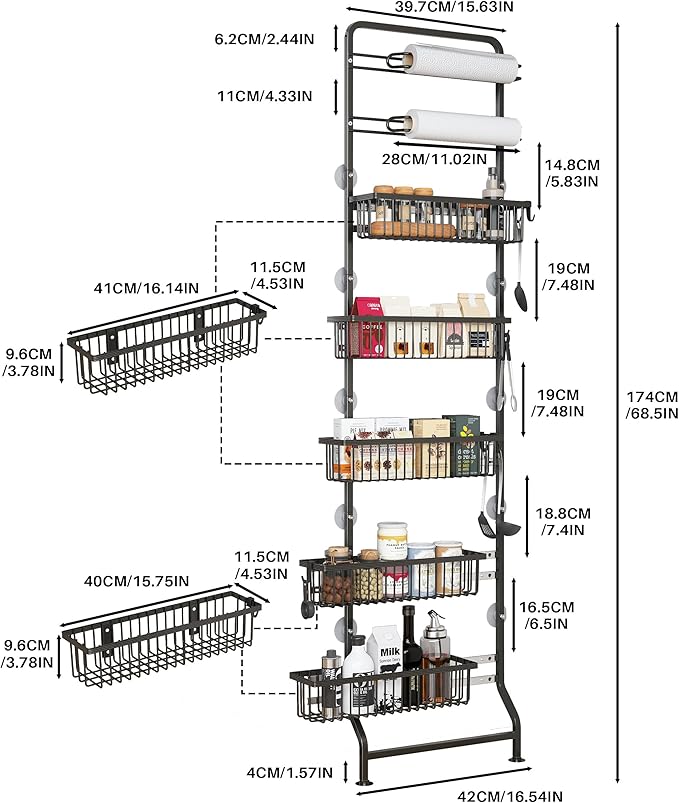 UMDONX 7-Tier Over The Door Storage Rack with Pull-Out Baskets and Sliding Shelves, Suitable for Kitchen, Bathroom, and Laundry Room, Black