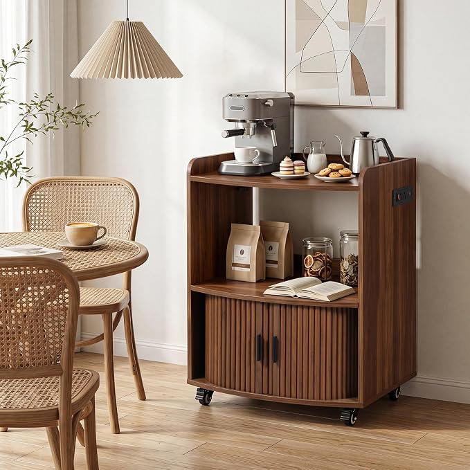 Bifins Coffee Bar Cart for Home, 3 Tier Rolling Serving Carts with Wheels | Coffee Cart with Removable Metal Brackets and Sliding Doors,Mobile Liquor Sideboard Cabinet for Home Bar, Kitchen