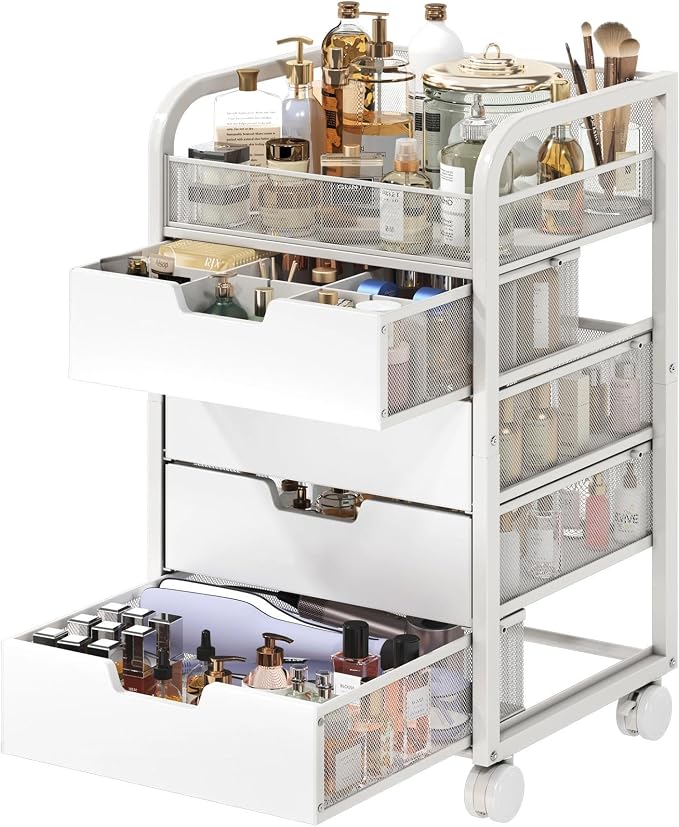 Makeup Organizer Cart with 4 Drawers, Vanity Storage Drawer Carts with Dividers, Nail Cart Organizer Cosmetic Display Cases Cabinet for Skin Care, Nail Polish, Perfume, White