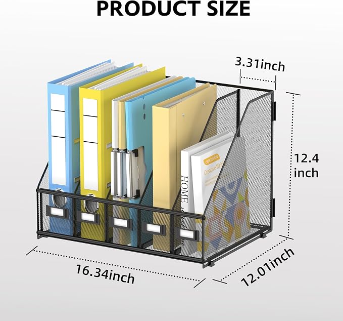 5 Vertical Compartments Magazine File Holder, Metal Binder Organizer, Black | Space-Saving Desktop Storage, Built-In Label Holders, Anti-Slip Feet, Sized for Binders, Folders, Magazines and Files