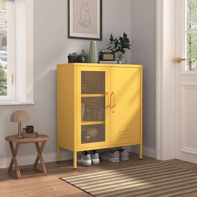 Yellow Lockable Metal Storage Cabinet, Multi-Functional Locker with Adjustable Shelf,Metal Double Door Sideboard for Kitchen Home Office Size：33" H X 29.5" W X 13.8" D