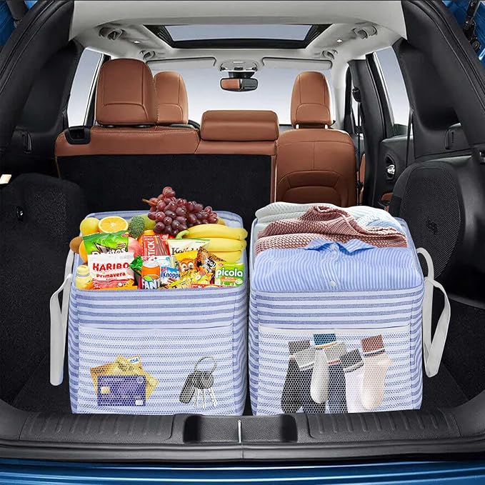 LHZK Standing Extra Large Utility Tote Bag with Metal Wire Frame and the Sides Rinforced, Extra Large Tote Bag with Handle, Reusable Grocery Bags Foldable, Beach Bag, Car Tote (Blue, 26''x15''x13'')