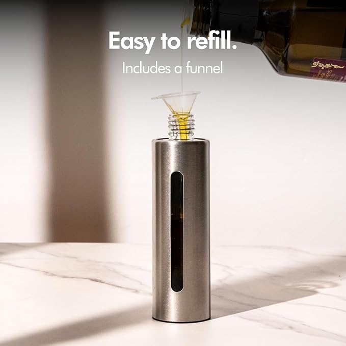 KIVY Glass Oil Sprayer for Cooking– Precise Oil & Vinegar Spray Bottle Oil Mister Spray Bottle for Food – Includes Funnel – Perfect for Cooking & Air Fryer (Brushed Stainless Steel)