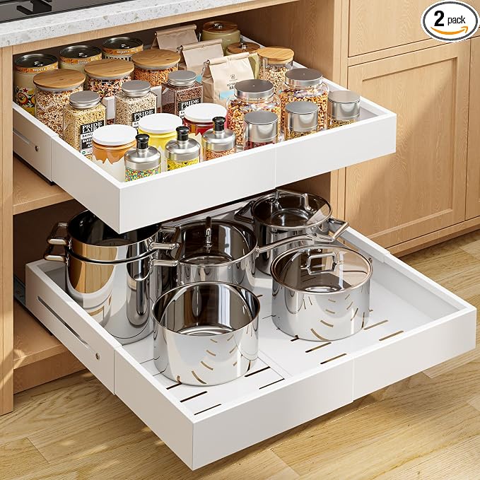 Kitsure Pull Out Cabinet Organizer - 2 Pack(12.6"-20.5" D x 12"-20.4" W) Expandable Sliding Cabinet Shelves, Smooth Glide Drawer Organizer, Kitchen & Pantry Storage, Framed & Frameless Cabinets