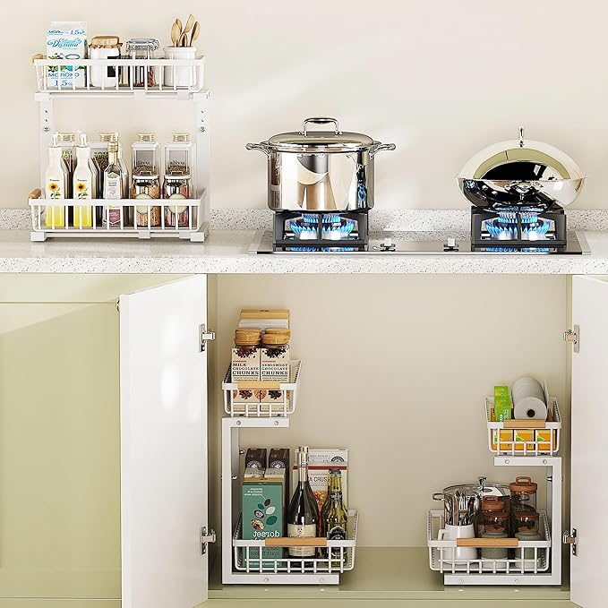 Under Sink Organizer 2 Tier Bathroom Under Sink Organizers and Storage 1 Pack Kitchen Pull out Cabinet Organizer Metal Sliding Drawer for Kitchen Pantry Cabinet Closet Organization Rack White